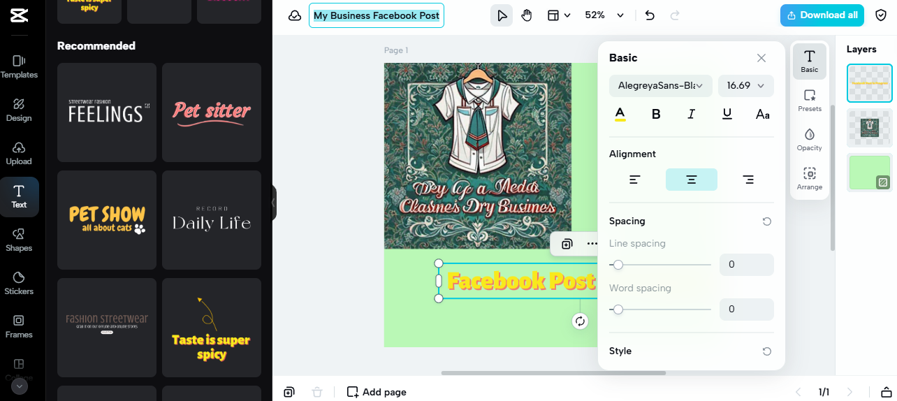 Facebook post design in progress using AI tools, featuring a clothing business template with editable text and graphics.